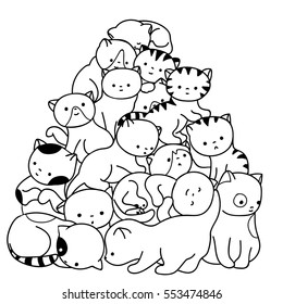 Doodle cats pile. Black and white cute background. Great for coloring book, wrapping, printing, fabric and textile. Vector illustration