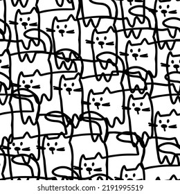 Patrón sin fisuras de gatos Doodle. Fondo blanco y negro adorable. Ideal para colorear, embalar, imprimir, tejido y textil. Ilustración del vector