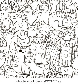 Doodle cats seamless pattern. Black and white cute background. Great for coloring book, wrapping, printing, fabric and textile. Vector illustration