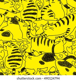 Doodle cats seamless pattern. Black and white cute background. Great for coloring book, wrapping, printing, fabric and textile. Vector illustration