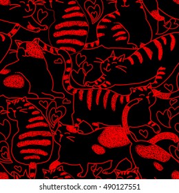 Doodle cats seamless pattern. Black and white cute background. Great for coloring book, wrapping, printing, fabric and textile. Vector illustration
