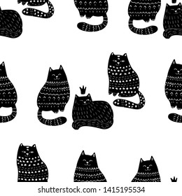 Doodle Cats Seamless Pattern Design. Hand Drawn Vector Funny Cats Characters. Textile and Wrapping Paper Seamless Texture Template.