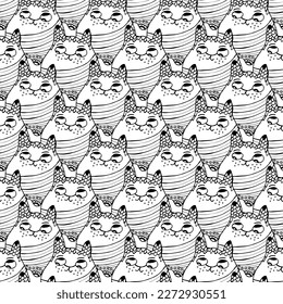 Doodle Cats Seamless Pattern Mandala in black and white for adult coloring books, monocrome animal vector