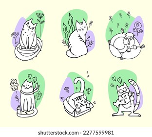 Doodle cats. A set of funny pets walking, sleeping, playing. Collection of cartoon pets.