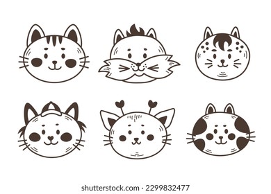 Doodle Cats set. Hand drawn kitten characters heads. Black line art animals faces collection for kids, pets, posters, t sirt prints