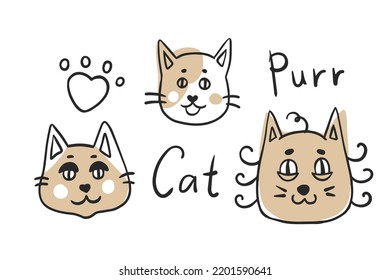 Doodle cats simple vector set. Cute hand drawn funny kitty heads in cartoon style. Isolated vector illustration collection for pet shop, product, veterinary design