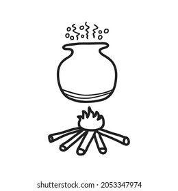 Doodle cauldron with a potion, pot, boiler. Halloween concept.