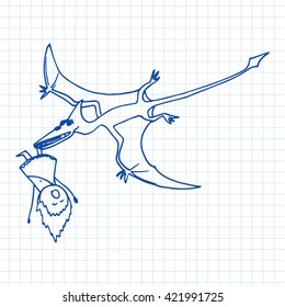 Doodle caveman and pterodactyl. Vector illustration on graph paper.