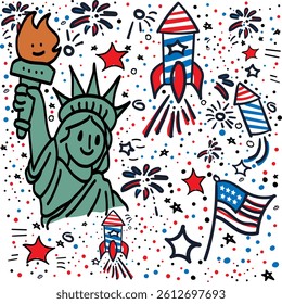 Doodle Celebrating 4th Of July with statue of Liberty. A pattern with the symbols of America in the colors of the flag.