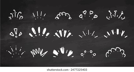 Icono de fuegos artificiales de celebración de Doodle sobre fondo de pizarra. Diseño de boceto de tinta dibujado a mano. Elementos decorativos de confeti. Rayos, explosiones, rayos de sol, fuegos artificiales.