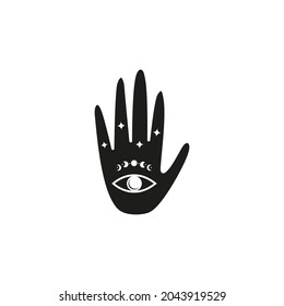 Doodle Celestial Witchy Hand With Third Eye And Moon Phases Isolated On White Background.