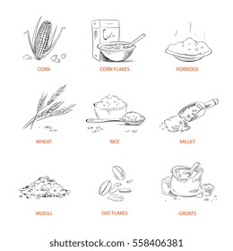 Doodle cereals groats, porridge, muesli, cornflakes, oat and rye, wheat and barley, millet or buckwheat, rice, corn vector. Set of cereals sketch. Vector illustration.