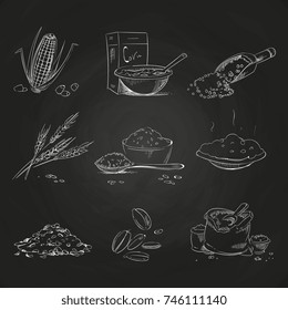 Doodle cereals groats and porridge, muesli and cornflakes, oat and rye, wheat and barley, millet and buckwheat, rice and corn on blackboard. Vector illustration