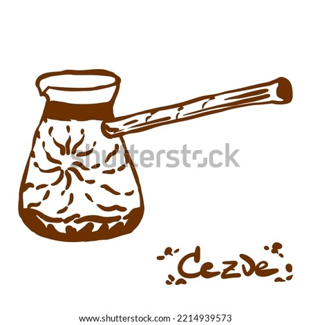 Doodle cezve, hand drawn, dark brown and white vector illustration. Coffee pot made in a funny cartoon style. Turkish coffee.