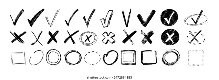 Doodle chalk check mark set. Black charcoal pencil check boxes, sketch checklist icons, tick cross signs. Crayon grunge checkmark elements. Hand drawn checkbox vote marks, correct or incorrect symbols