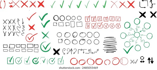 Doodle chalk check mark set. Black charcoal pencil check boxes, sketch checklist icons, tick cross signs