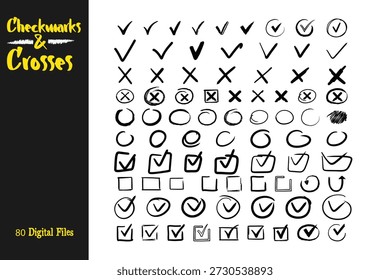 Doodle Chalk Checkmark y Casilla de verificación Sketch Icons Vector Set
