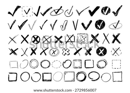 Doodle Chalk Checkmark and Checkbox Sketch Icons Vector Set
