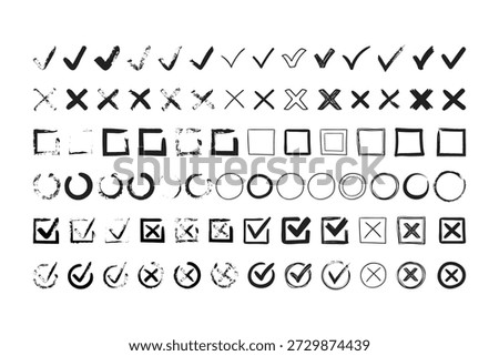 Doodle Chalk Checkmark and Checkbox Sketch Icons Vector Set
