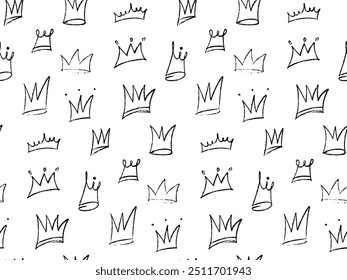 Doodle chalk crown seamless pattern. Hand drawn crayon, charcoal crown background. Scribble line sketches of king crown, queen royal diadem vector. Print for apparel, kids background