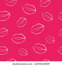 Los labios de tiza Doodle dan forma a un patrón impecable del San Valentín en el fondo rosado. Fondo bucal de mujer lineal Diseño femenino romántico rosado. Ilustración del vector