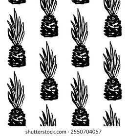 Padrão sem emenda de abacaxi de giz de rabiscar. Esboço do fundo do vetor de giz de cera. Ananas pretas e brancas. Contornar o logotipo do ícone desenhado à mão. Desenho de arte para cartão postal, banner, quadro. Impressão elegante para vestuário em