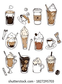 Doodle chalk sketch set with various coffee recipe kind. Americano, cappuccino, frappe, espresso, glaze, irish, frappe in row with coffee bean, sugar, cookie vector illustration on white background