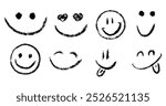 Doodle chalk smile emoji face icon set. Textured kids hand drawn sketch. Different emotion emoticons. Mood, happy, in love, smiling face with tongue. Pencil crayon drawing isolated vector illustration