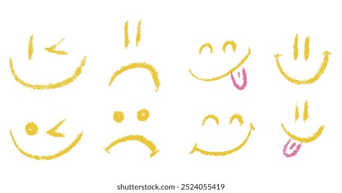 Conjunto de ícones de rosto emoji com sorriso de giz de rabiscar. Texturizados crianças desenhado à mão esboçar emoticons de emoção diferentes. Humor, feliz, triste, rosto sorridente com língua. Lápis lápis desenho quadrinhos isolado vetor ilustração