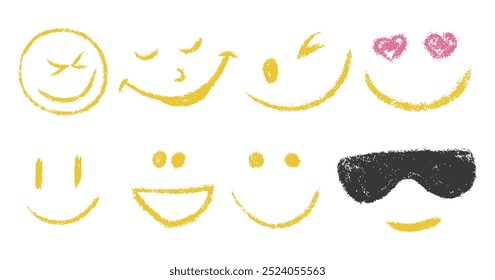 Conjunto de ícones de rosto emoji com sorriso de giz de rabiscar. Texturizado crianças desenho à mão. Emoticons com emoção diferente. Humor, feliz, no amor rosto sorridente. Lápis lápis desenho quadrinhos isolado vetor ilustração
