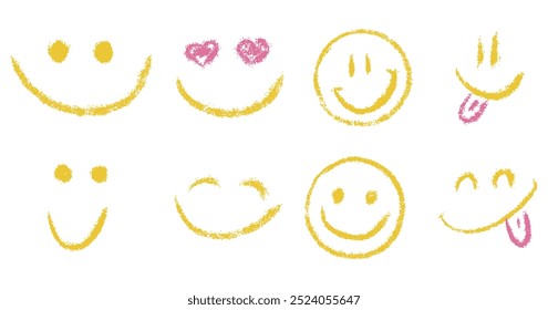 Doodle chalk smile emoji face icon set. Textured kids hand drawn sketch. Different emotion emoticons. Mood, happy, in love, smiling face with tongue. Pencil crayon drawing isolated vector illustration