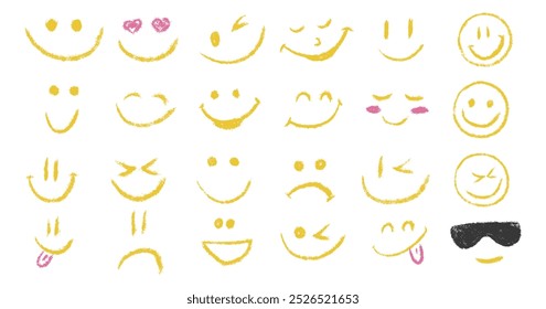 Doodle chalk smile emoji face icon set. Textured kids hand drawn sketch different emotion emoticons. Mood, happy, sad, smiley face with tongue. Pencil crayon drawing comic isolated vector illustration