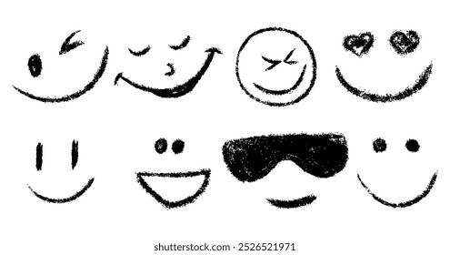 Conjunto de iconos de cara de emoji de sonrisa de tiza Doodle. Boceto dibujado a mano de niños con textura. Emoticonos con diferentes emociones. Sentimiento, feliz, enamorado, cara sonriente. Ilustración vectorial aislada del cómic del dibujo del lápiz del crayón