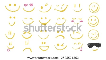 Doodle chalk smile emoji face icon set. Textured kids hand drawn sketch different emotion emoticons. Mood, happy, sad, smiley face with tongue. Pencil crayon drawing comic isolated vector illustration