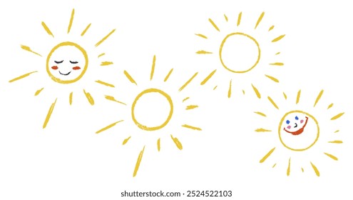 Doodle Chalk Smiling Sun. Umriss süßen Sonnenschein Kreide pastellfarben strukturiert. Kinder handgezeichnete Elemente gesetzt. Happy Sun Emoji Buntstift Freihandzeichnung. Doodle, Cartoon, Vektorgrafik einzeln