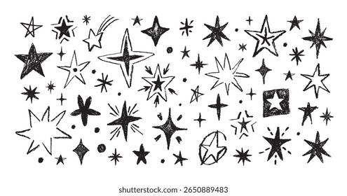 Estrelas de giz de rabiscar. Estrelas de esboço preto desenhadas à mão, brilhos, explosões brilhantes com textura de carvão vegetal grunge. Cometas e meteoros. Garatujas de tinta sujas de crianças. Conjunto de vetores isolados.