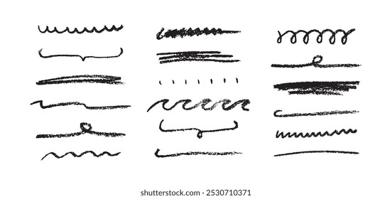 Doodle chalk underlines set. Black line sketches with charcoal marks. Hand drawn vector elements on white background. 