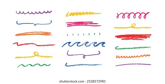 Doodle chalk underlines set. Color line sketches with charcoal marks. Hand drawn vector elements on white background. 