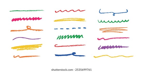 Doodle chalk underlines set. Color line sketches with charcoal marks. Hand drawn vector elements on white background. 