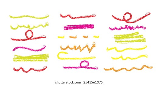 Doodle chalk underlines set. Color line sketches with charcoal marks. Hand drawn vector elements on white background.