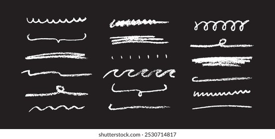 Conjunto de subrayados de tiza Doodle. Bocetos de línea blanca con marcas de carbón. Elementos de Vector dibujados a mano sobre fondo negro. 