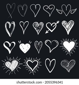 Doodle Chalkboard Style Different shapes and styles of hearts. Vector hand drawn hearts set. Isolated on black  background. Isolated hearts illustrations. Vector Design Elements  for graphic design.