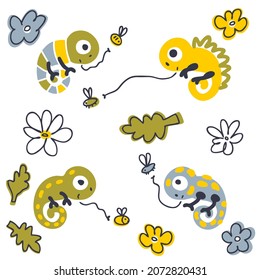 Doodle chameleons catch fly set. Perfect for T-shirt, stickers, textile and print. Cartoon style vector illustration for decor and design.
