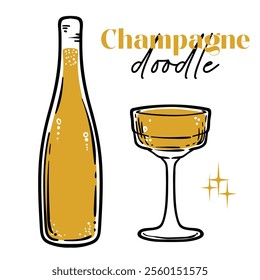 Doodle of champagne bottle and glass. Simple outline of alcoholic drink made out of fermented grapes. Vector illustration for online and print design projects. 