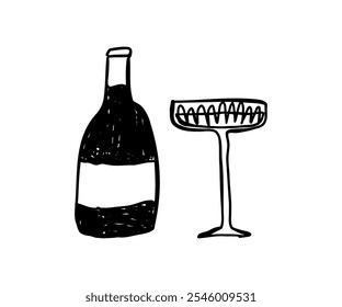 Botella de champán Doodle con un buen vaso. Bebidas alcohólicas, fiesta, celebración. Ilustración vectorial dibujada a mano.