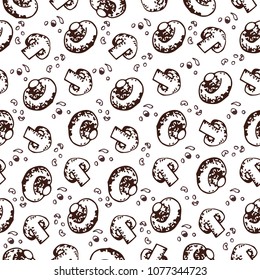 Doodle Champignones seamless pattern. With slice and spice.  Endless hand drawn illustration. For restaurant identity, packaging, menu design,texture of fabric.
