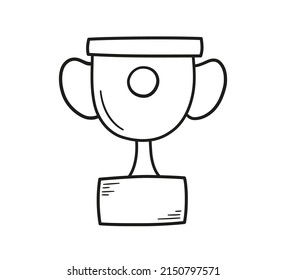 Doodle champion trophy cup of winner. Hand drawn award decorative icon. Sport prize trophy. Vector illustration isolated on white background.