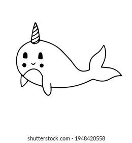 Doodle character black doodle narwhal for kids coloring book. Black outline. Fantasy illustration.