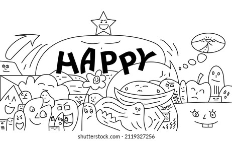 Doodle Character with Happy Text on White Background. Suitable for Coloring Book. Design for Children