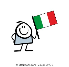 Doodle character holding big flag of Italy and smiles. Vector illustration of italian boy prouds of his country and welcome to visit. Funny cartoon stick man tour guide for tourists.